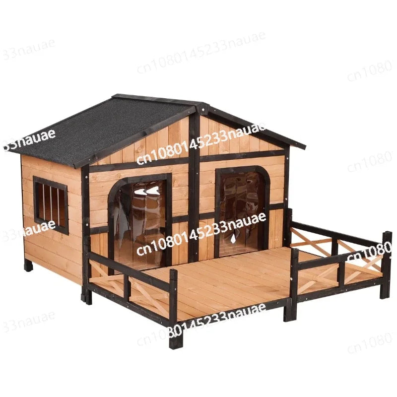 Dog House Weatherproof Rustic Log Cabin Style Elevated Pet Shelter Nap Porch Deck Natural