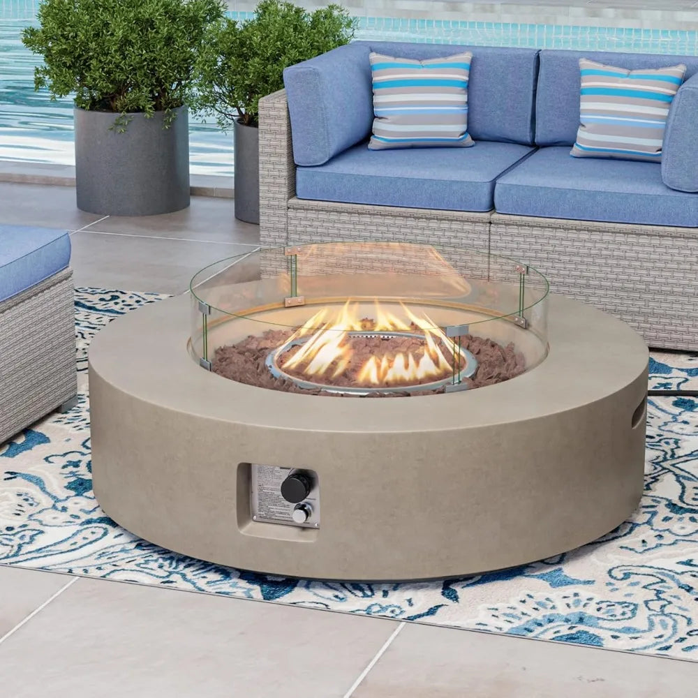 Outdoor Propane Fire Pit Coffee Table,  40.5-inch Round Base Patio Heater, Stainless Steel Burner, Wind Guard, Waterproof Cover