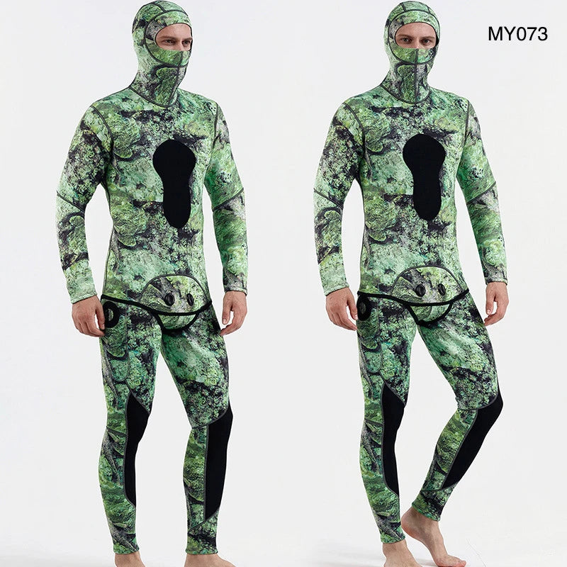 2 Pieces Set Wetsuit 3mm Neoprene Wetsuit Men's Hooded Camouflage Diving Suit Snorkeling Spearfishing Winter Thermal Swimsuit