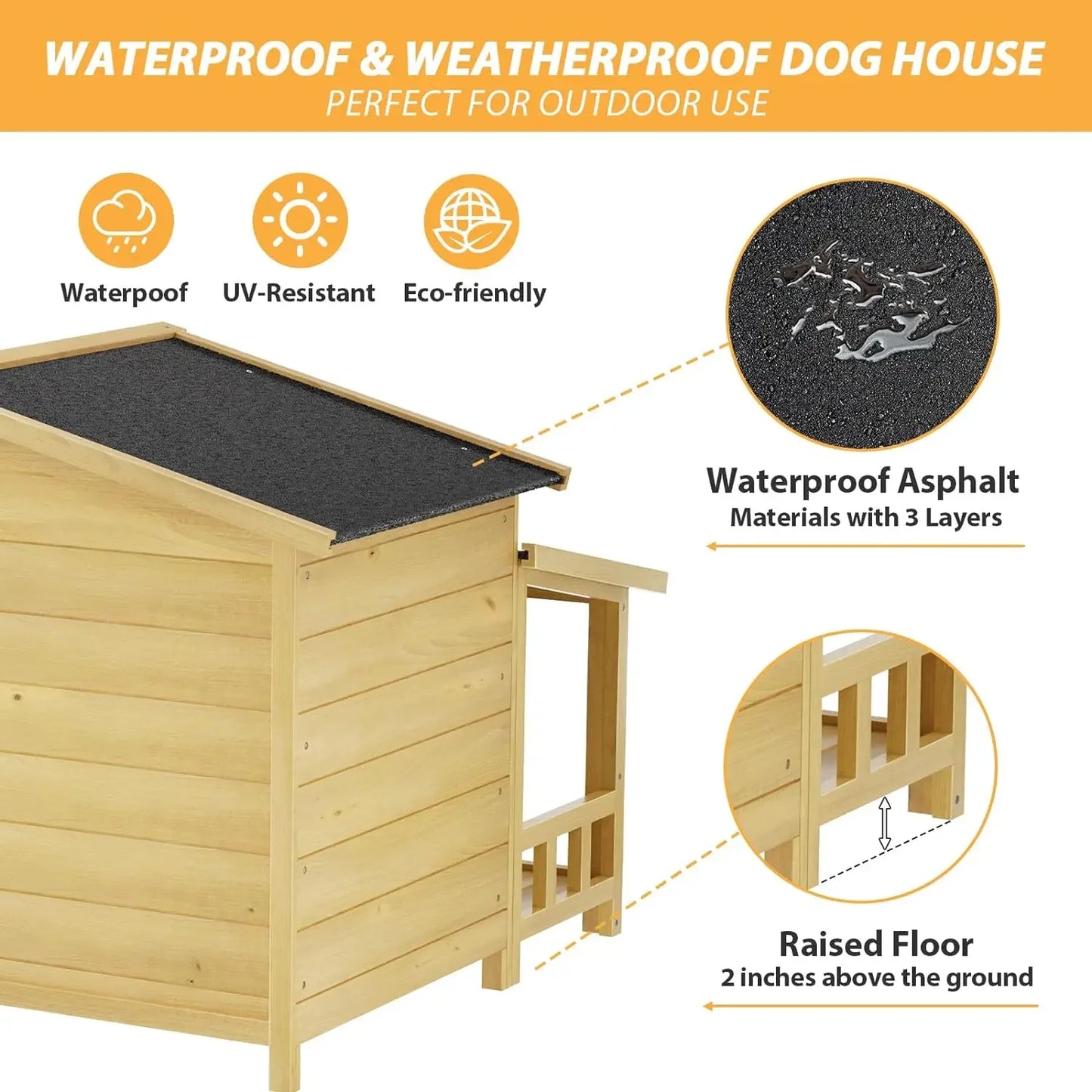 47.2" Dog House, Waterproof Dog Kennel, Wooden Outdoor and Indoor Dog House, Log Cabin Style with Porch,Elevated Floor, 2 Doors