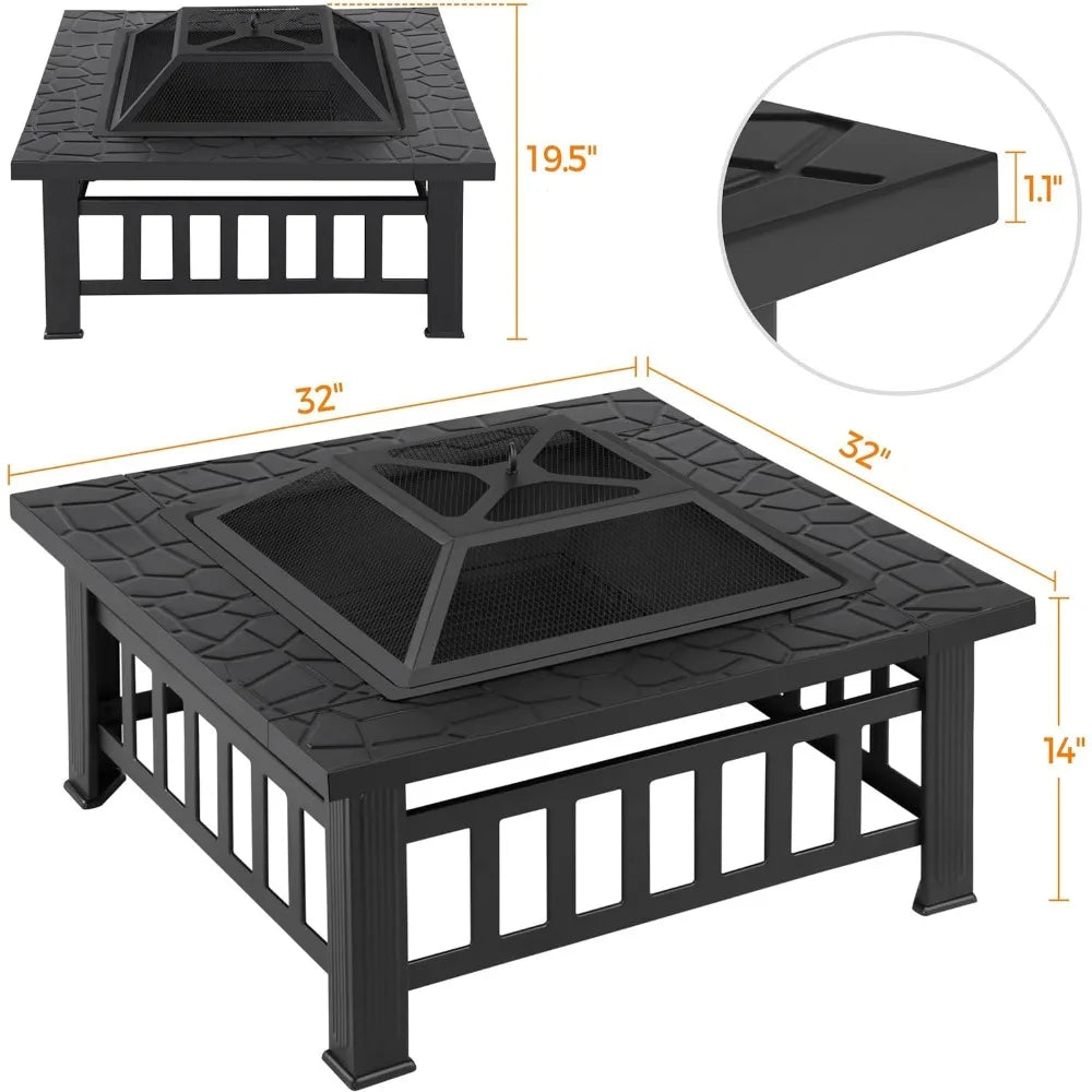 Multifunctional Fire Pit Table 32in Square Metal Firepit Stove Backyard Patio Garden Fireplace for Camping, Outdoor Heating