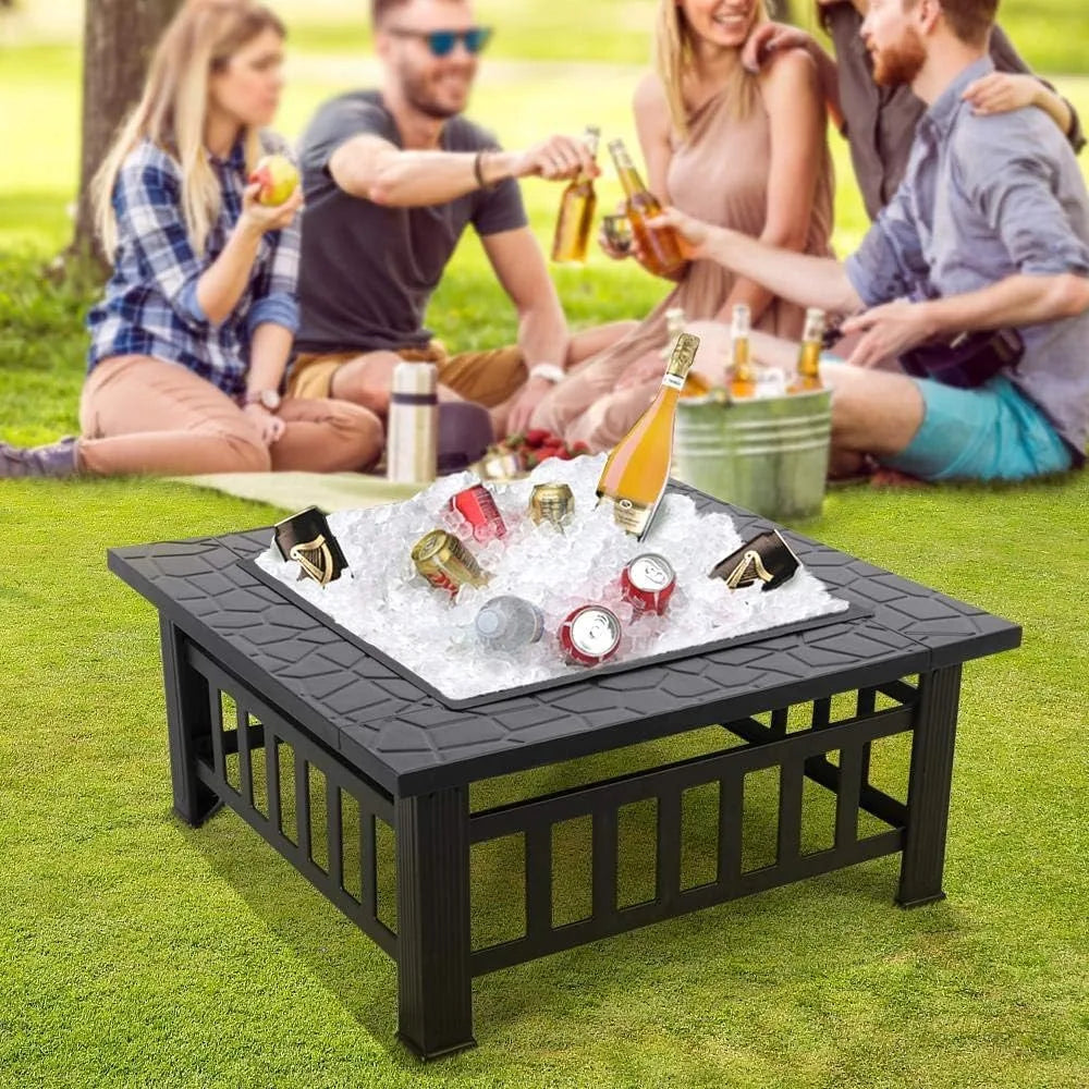 Multifunctional Fire Pit Table 32in Square Metal Firepit Stove Backyard Patio Garden Fireplace for Camping, Outdoor Heating