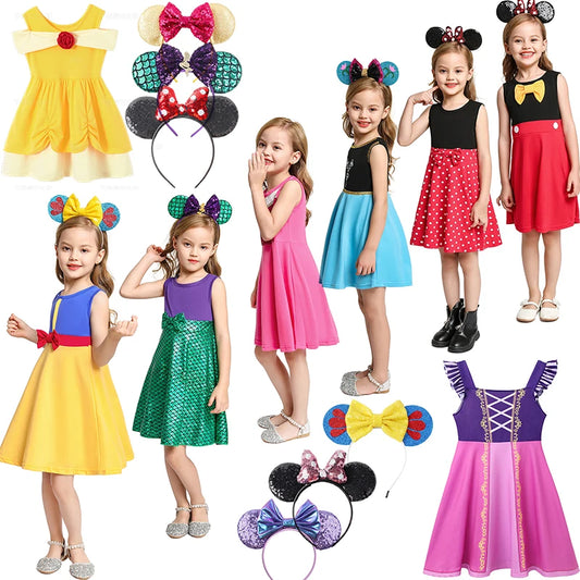 New Summer Style Baby Girls 100% Cotton Casual Dress Kids Cosplay Cartoon Printed Party Birthday Rapunzel Belle Princess Costume