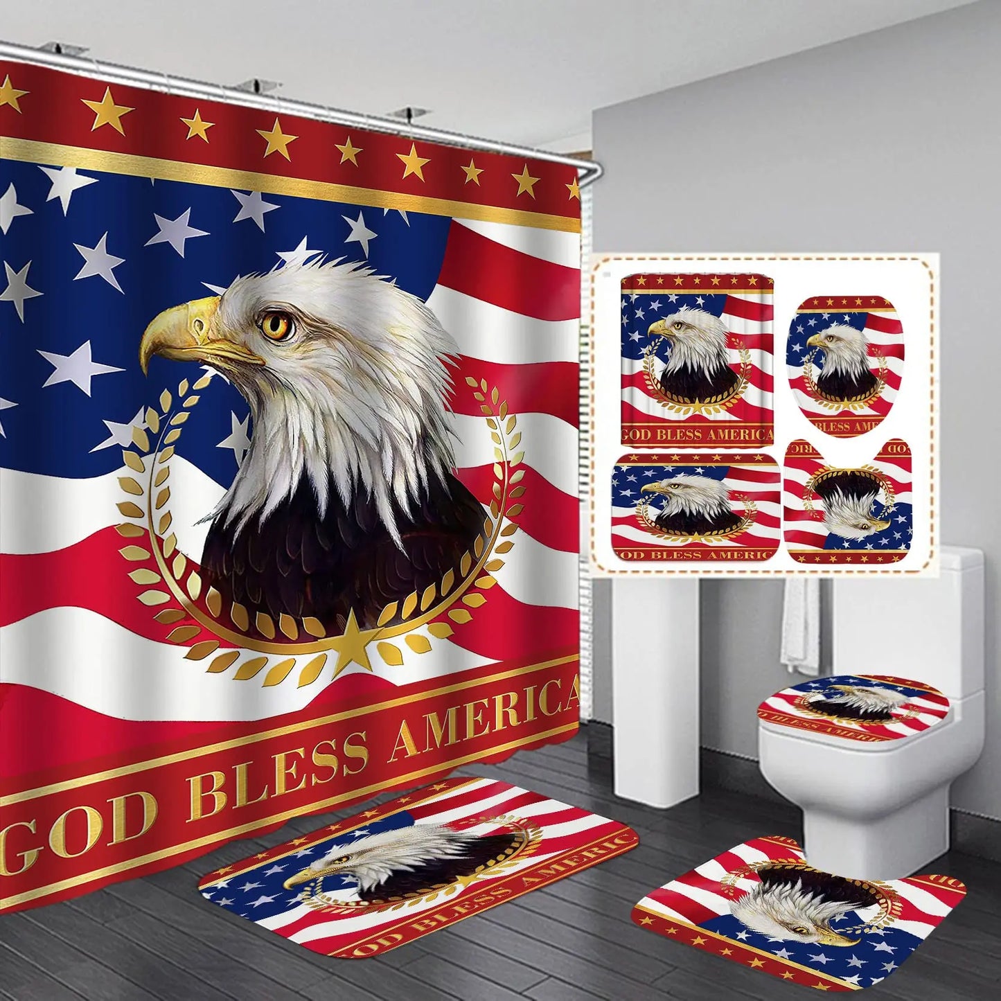 USA Flag American Bald Eagle Shower Curtain Set Non-Slip Rug Toilet Lid Cover Bath Mat Independence Day Patriotic Bathroom Sets