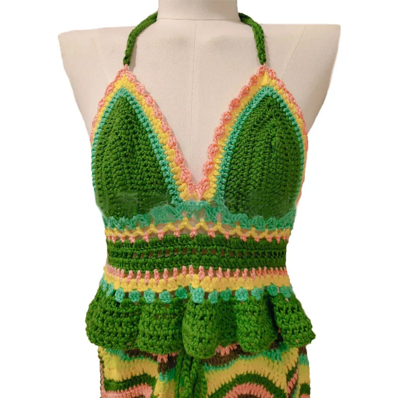 2 Pieces Set Crochet Bikini Cover Up Swimwear Women Top and Bottom Sarongs Swimsuit Beach Cover-ups Wrap Adjustable Waist Skirts