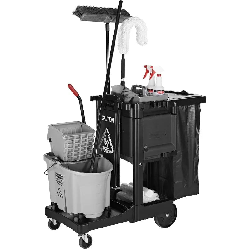 Housekeeping Cleaning Cart with Locking Cabinet, Wheeled with Zippered Black Vinyl Bag,Black,38"x21.8"x46"