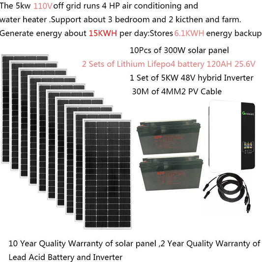 Solar System Complete 5KW 5000W 220V Solar Panel 300W LiFePO4 Lithium Battery 120AH Growatt Hybrid Inverter Home Farm House Pool