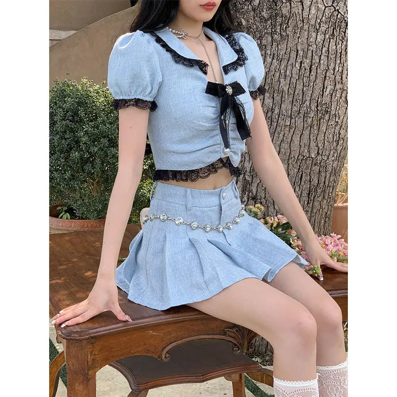 Korea Summer Sweet Two Piece Mini Skirts Sets Kawaii Lolita Peter Pan Collar Bow Crop Top + Mini Skirt Suit Blue Outfit Outwear