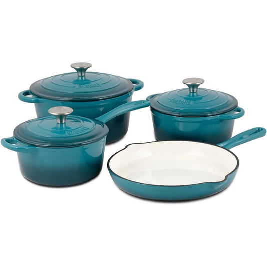 Enameled Cast Iron Cookware Set, 7-Piece Set (Biscay Blue), Nonstick, Oversized Handles, Oven Safe; Skillet, Saucepan