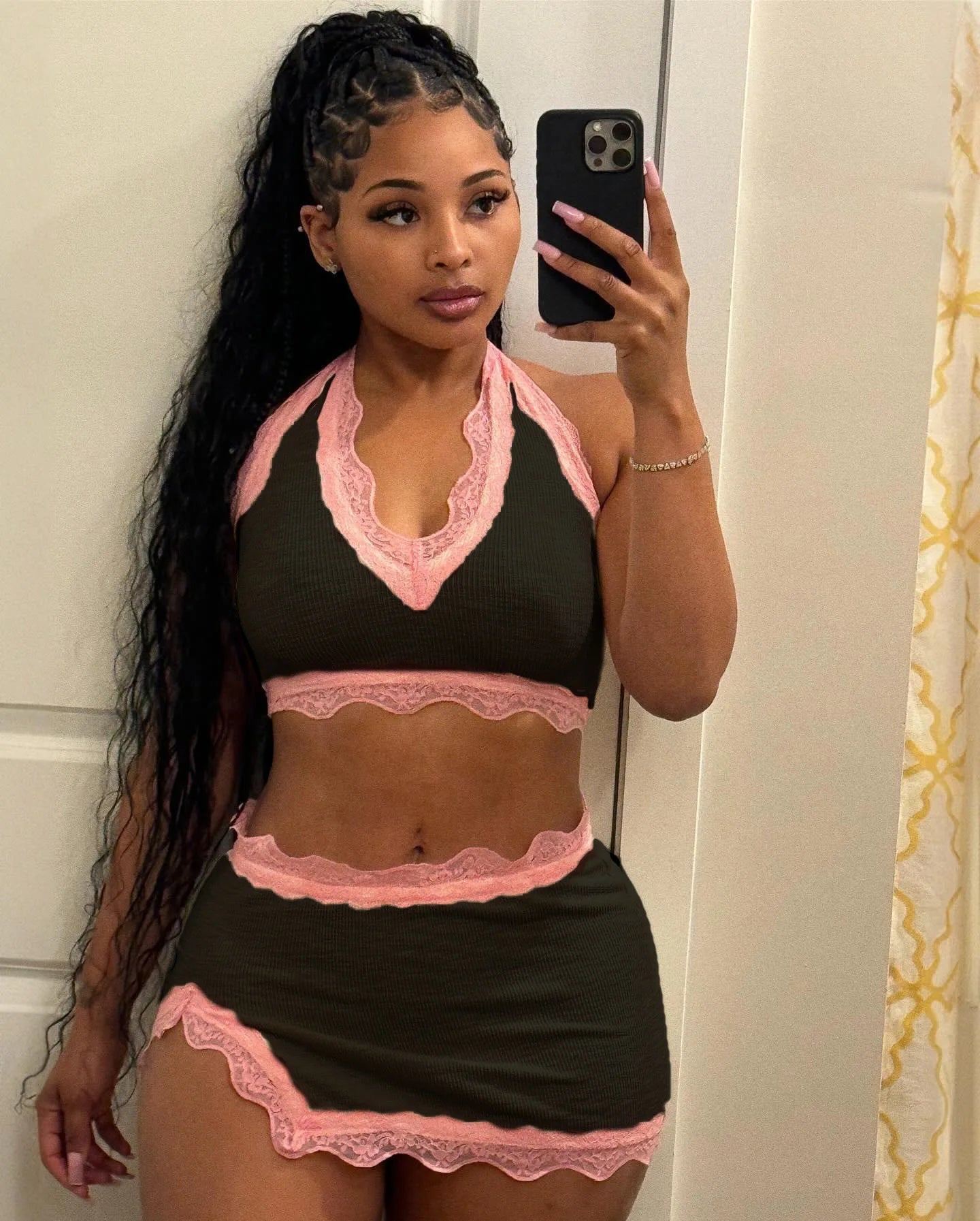 Lace Patchwork Knitted Two Piece Set Women Outfits 2024 Summer Halter Tanks Crop Top Hip Wrapped Short Skirt Party Streetwear