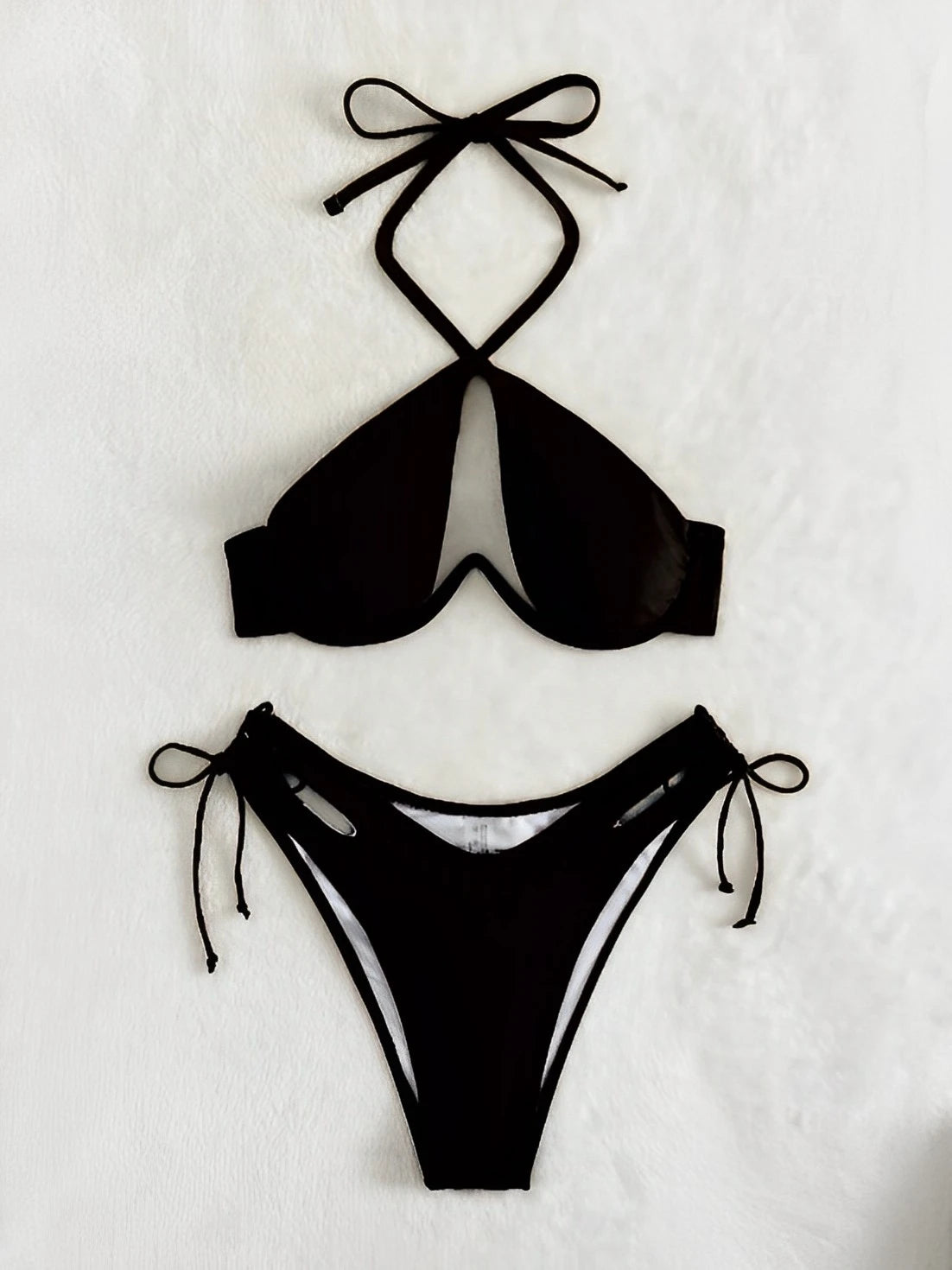 Cut-out Push Up Bikini Solid Swimsuit Women Halter Swimwear  Beachwear