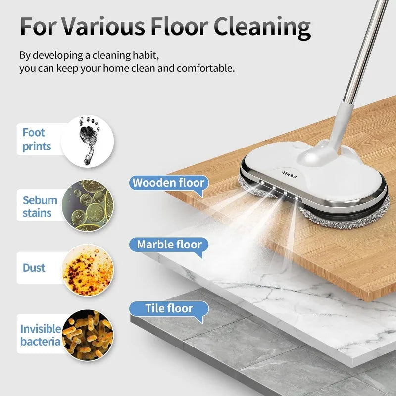 Cordless Electric Mop for Floor Cleaning, AlfaBot WS-24 Electric Spin Mop, Electric Mop with Water Sprayer and LED Headlight