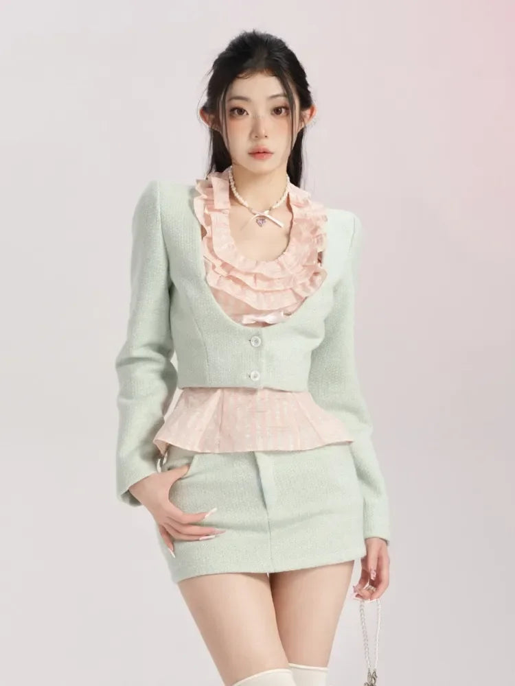 Korean Fashion Sweet Small Fragrance 2 Piece Sets Women Outfit Autumn French Short Jacket Coat + Bodycon Skirt Two Piece Suits