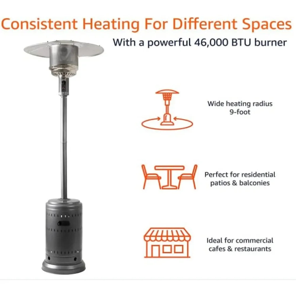 Outdoor Heater, 46,000 BTU Outdoor Propane Patio Heater with Wheels, Commercial & Residential, Slate Gray Patio Heater