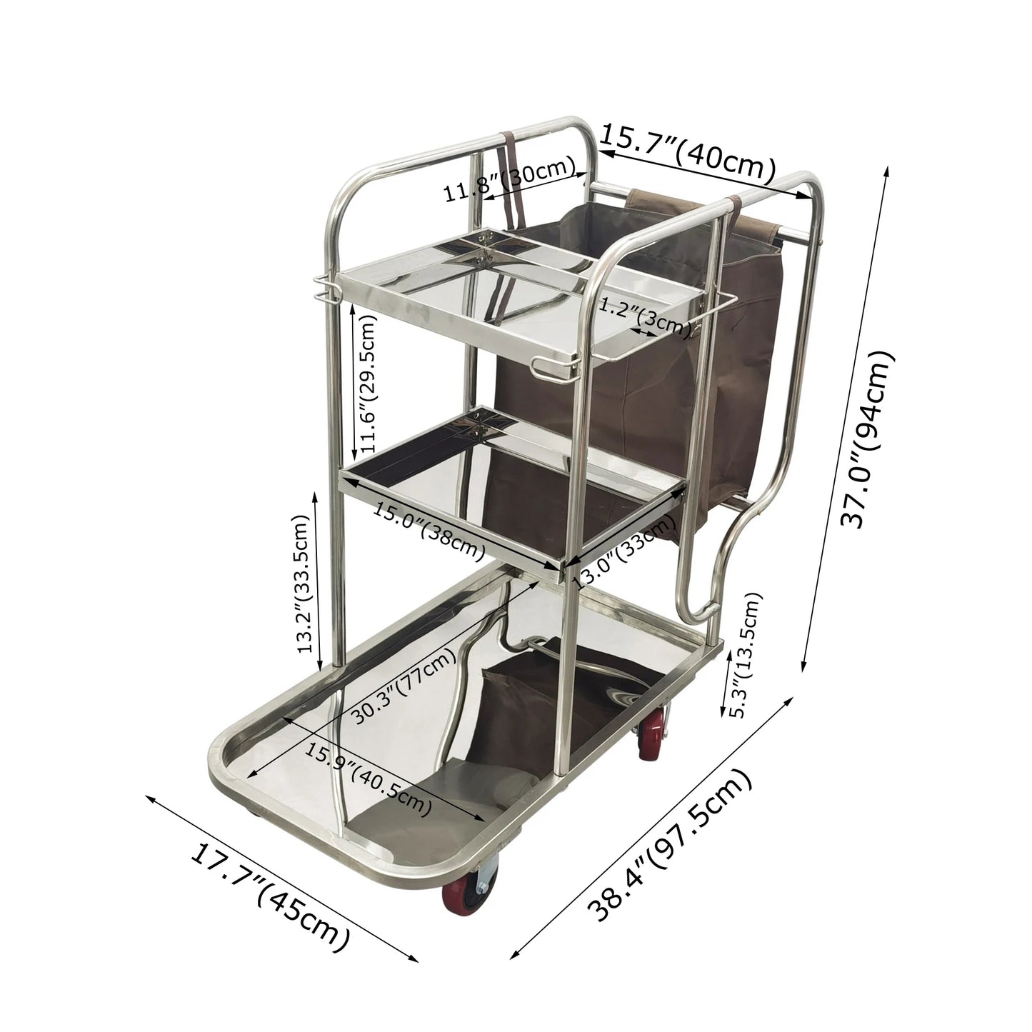 Stainless Steel Janitor Cart with Bag 3 Shelf Housekeeping Cart Cleaning Supply Trolley