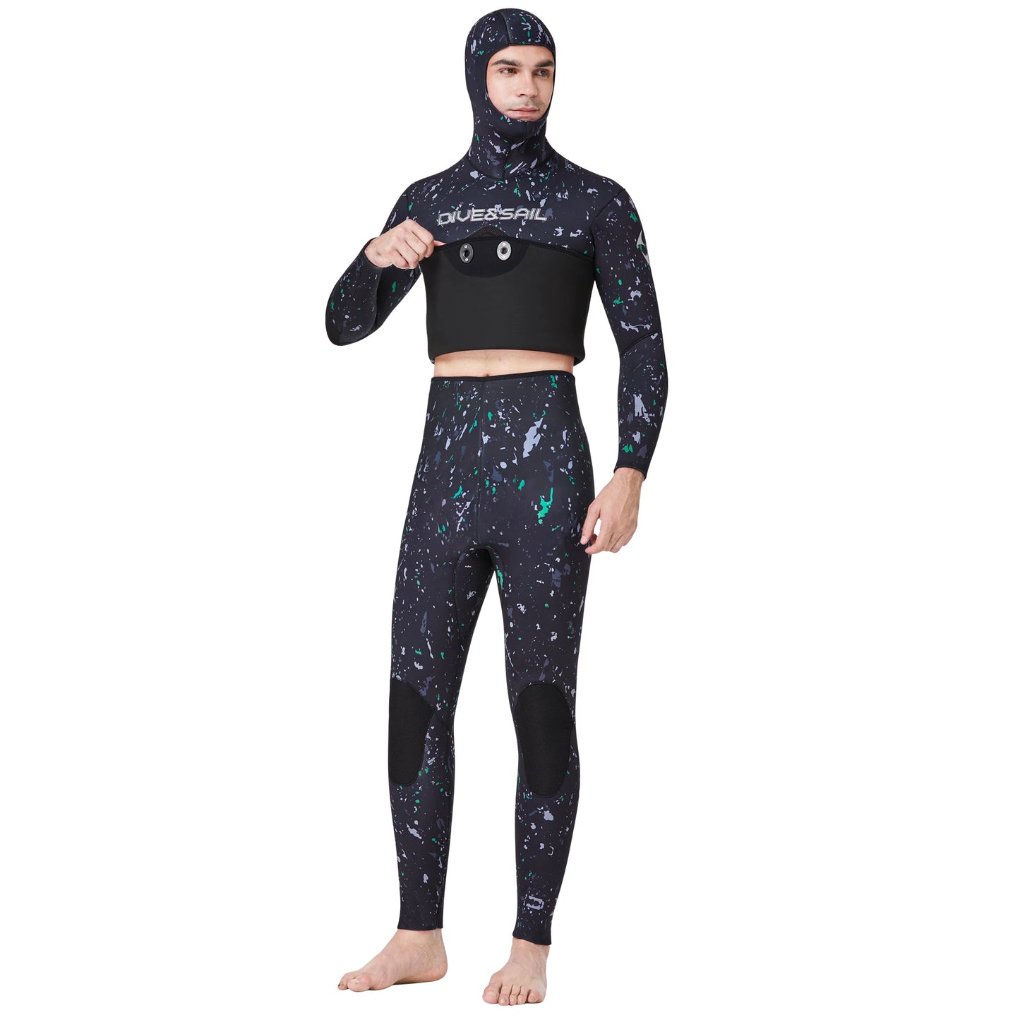 Open Cell Camo Spearfishing Wetsuits Men 3mm /1.5mm Neoprene 2-Pieces Hooded Super Stretch Scuba Diving Suit Thermal Swimsuit