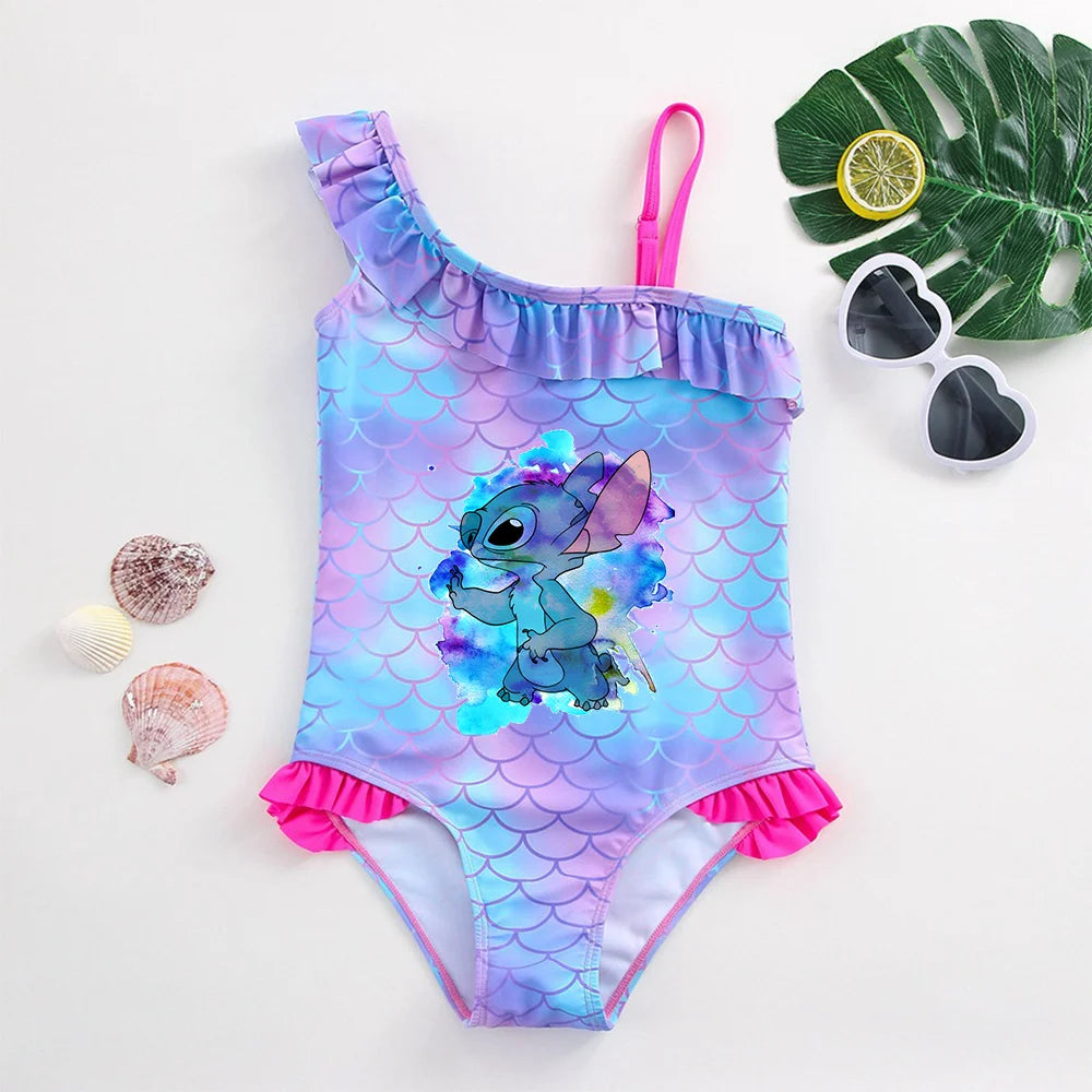 Stitch Girls Swimsuit Fashion Mermaid Fish Scale One-Piece Bathing Suits Children's Dresses Summer Swimwear Beach Suit Kids Wear