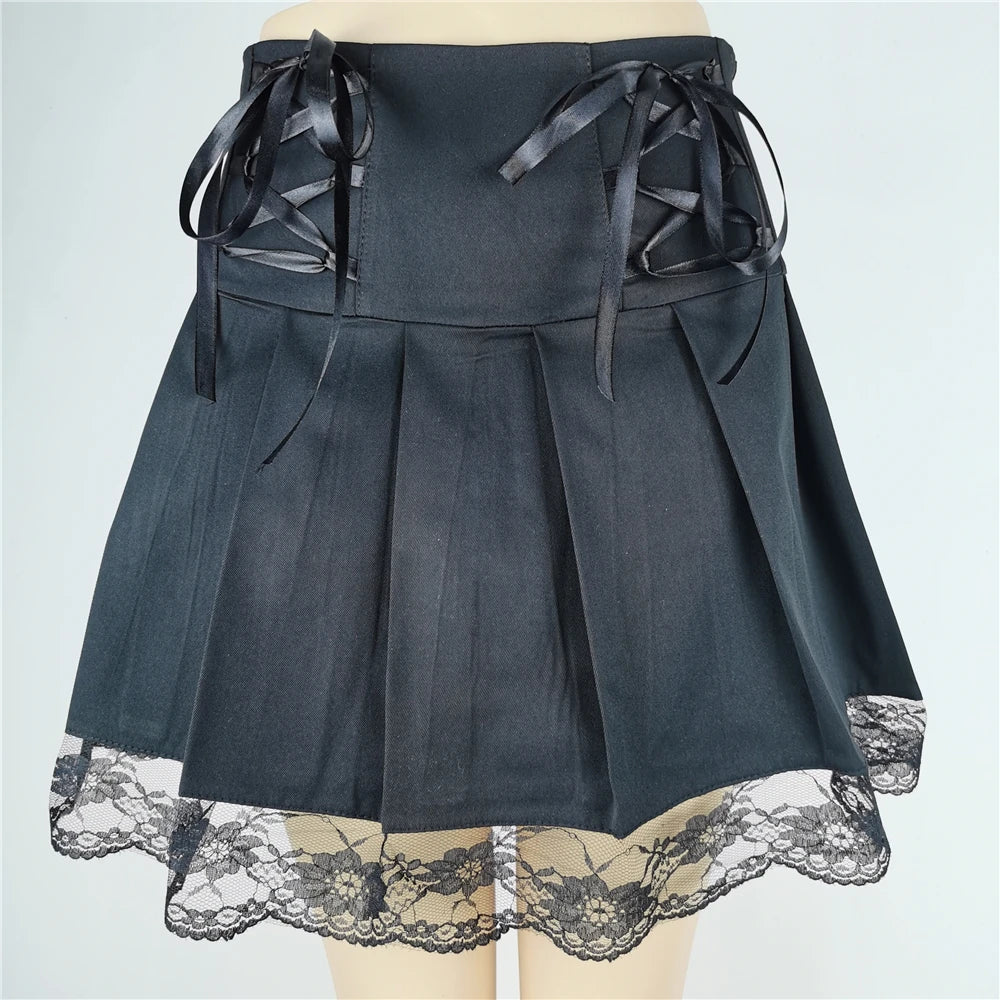 Lace Up Goth Y2K Woman Skirts Pink Stripe Plaid Lace Trim Pleated Punk Dark Academia Aesthetic E Girl Clothes Gothic Skirt