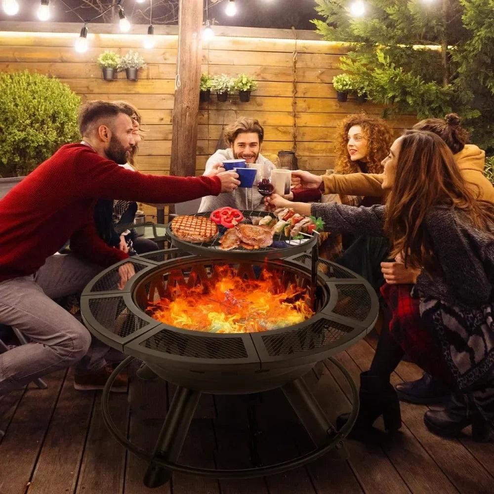 36 Inch Fire Pit with Grill & Lid,Outdoor Metal Wood Burning Fire Pit for Patio,3 in 1 Large Firepit for Backyard Garden Bonfire