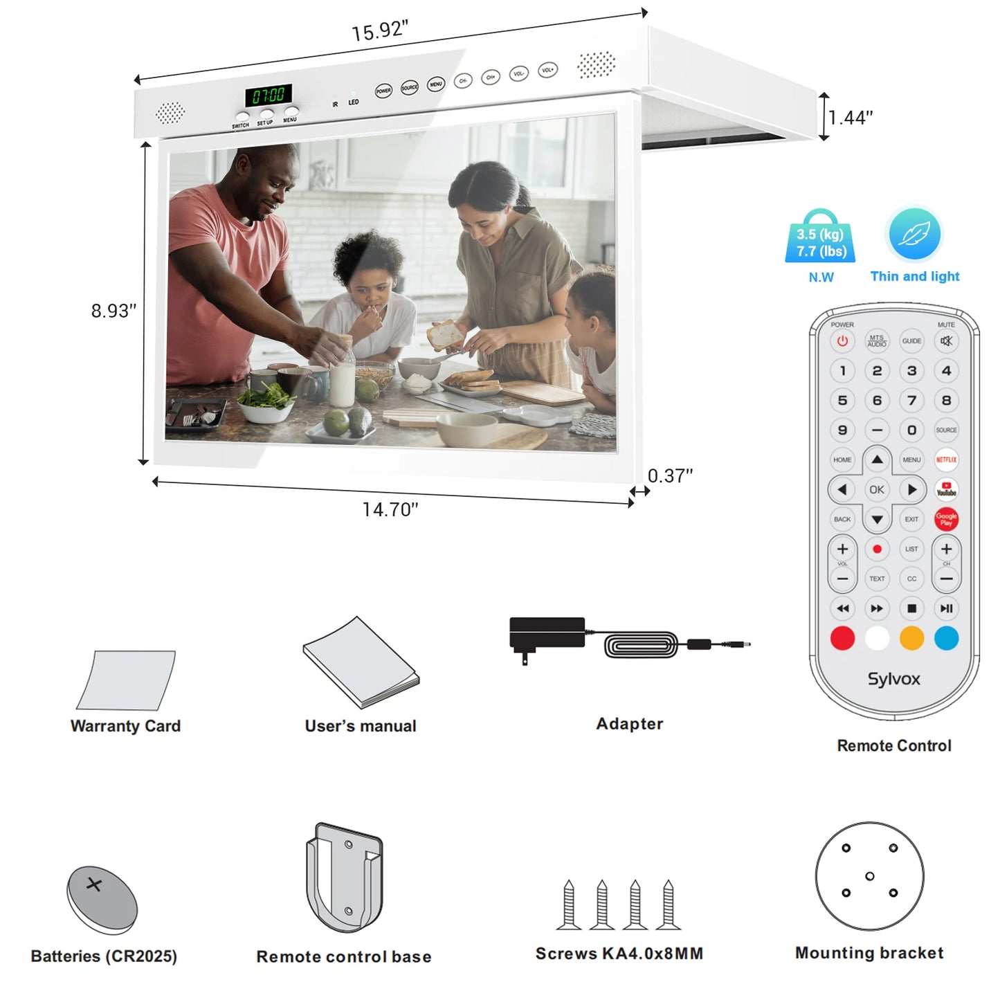 SYLVOX 15.6" Kitchen Smart TV Flap Down Screen TV Android 11.0 LED Clock Alarm Clock Bluetooth WiFi Function