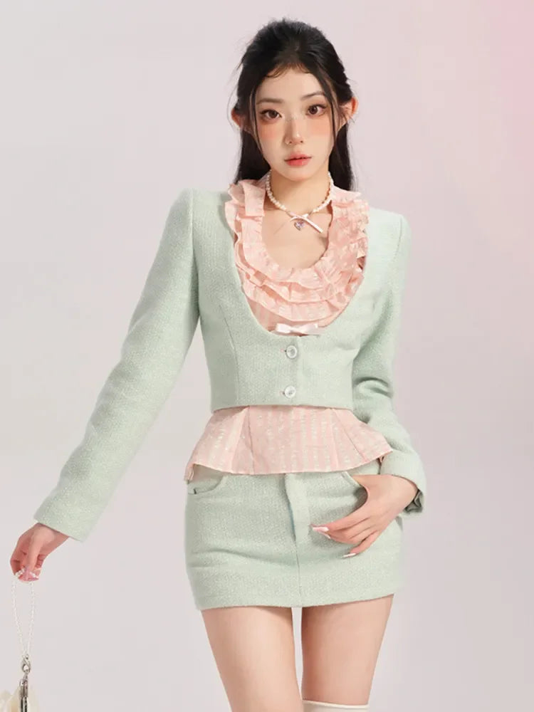 Korean Fashion Sweet Small Fragrance 2 Piece Sets Women Outfit Autumn French Short Jacket Coat + Bodycon Skirt Two Piece Suits