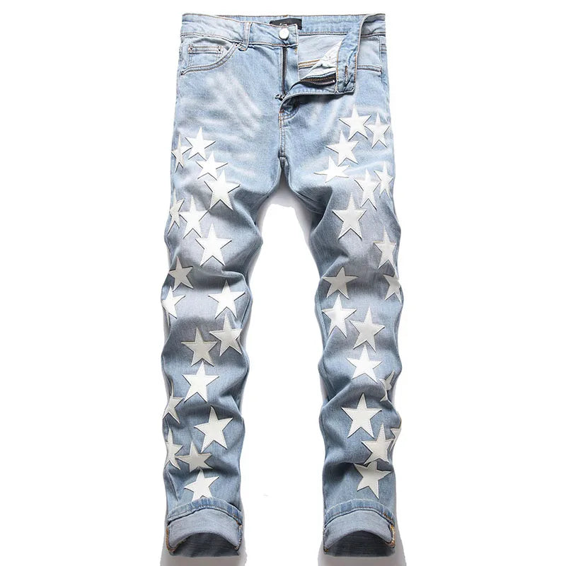 Men High Street Orange Star Embroidery Patch Jeans Men's Slim Fit Full Sky Star Denim Pants Jeans