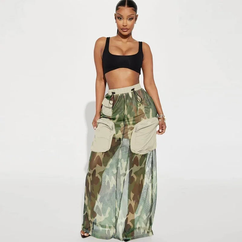 Street Fashion Women Camouflage Mesh Perspective Cargo Skirts Big Pockets Drawstring Skirts Patchwork Camo Long Baggy Skirts