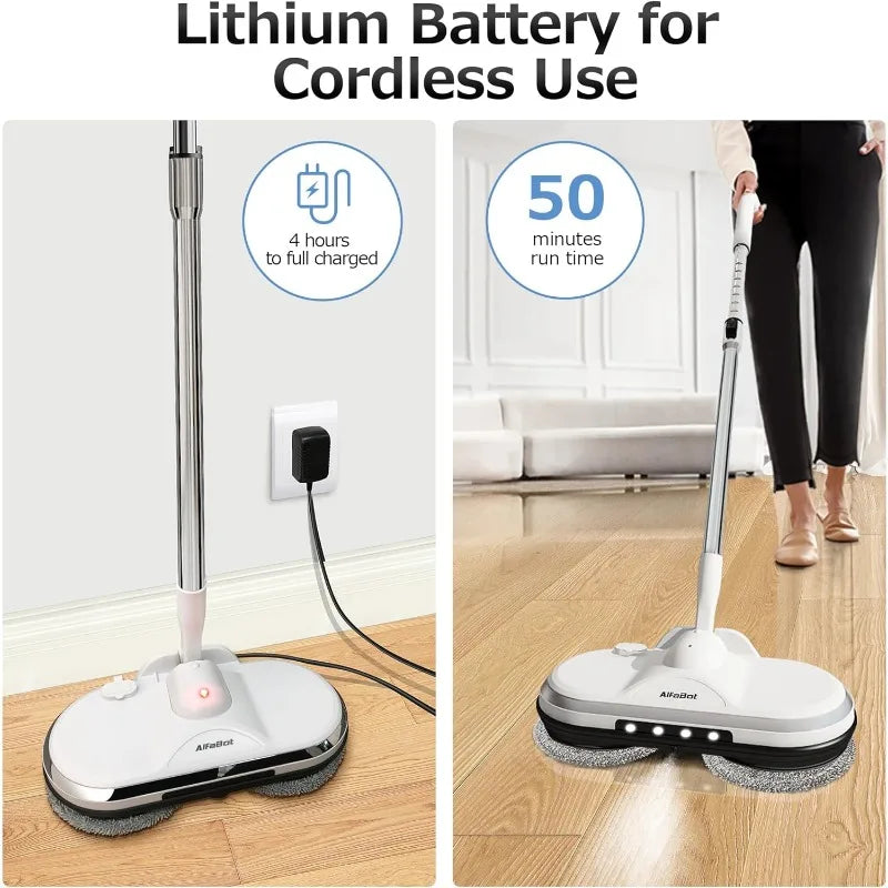 Cordless Electric Mop for Floor Cleaning, AlfaBot WS-24 Electric Spin Mop, Electric Mop with Water Sprayer and LED Headlight