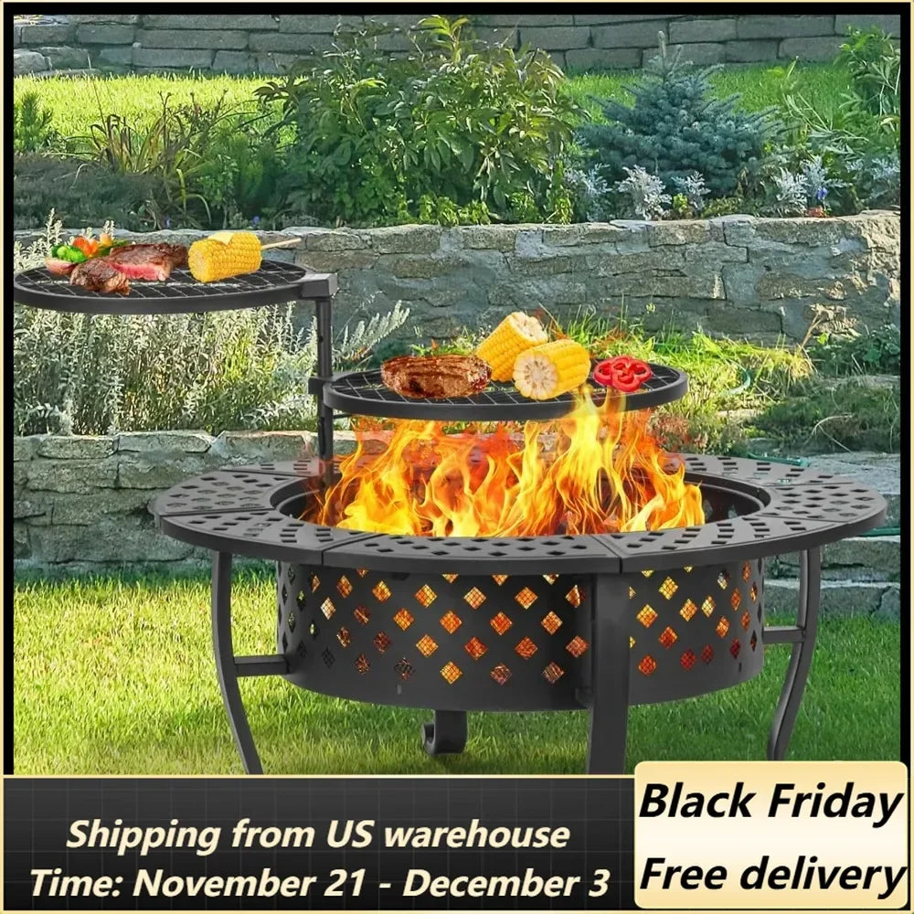 42 Inch Fire Pit with 2 BBQ Grills, Wood Burning Fire Pits for Outside with Lid Fire Poker, BBQ Outdoor Firepit Round Metal