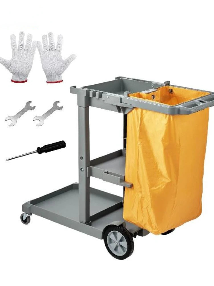 Black/Grey Cleaning Cart 3-Shelf Commercial Janitorial Cart 200 lbs Capacity Plastic Housekeeping Cart with 25 Gallon Bag