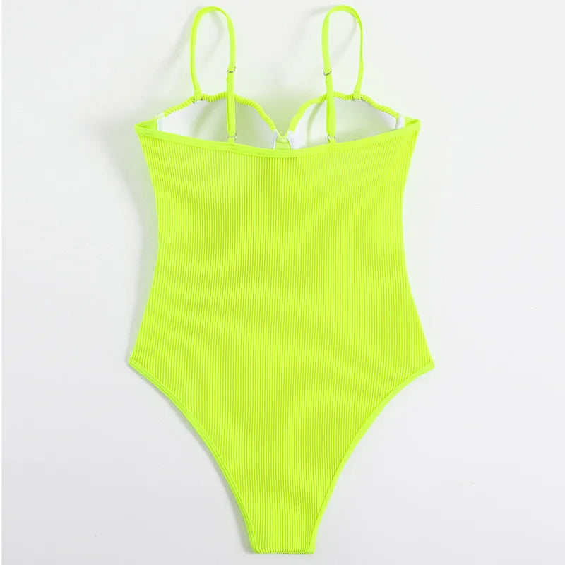 Push Up Swimsuit Women One Piece Solid High Waist Swimwear