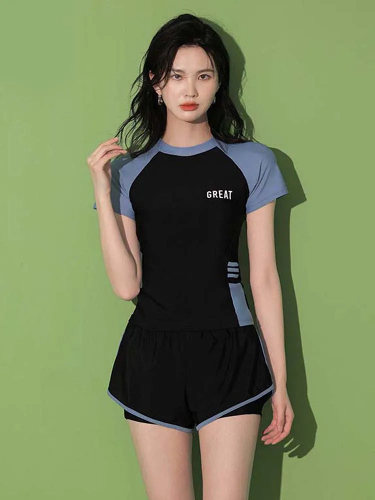 Fashion Women's Swimming Suit Ladies Patchwork Short Sleeve Swimwear 2023 Sports Pool Beachwear Two Piece Swimsuit With Shorts