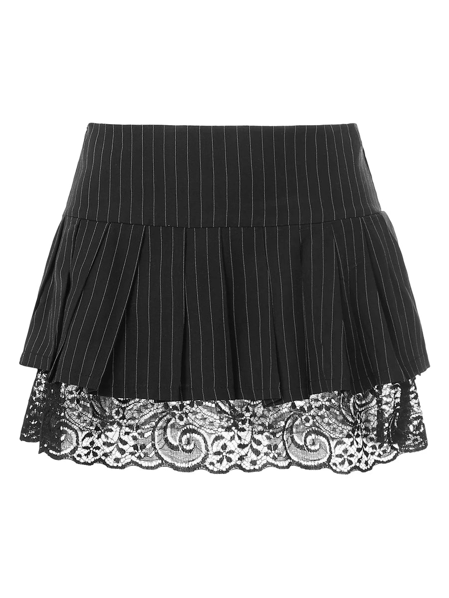 Ladies Korean Style Summer Lace Striped Mini Skirts Y2k Egirl Goth Punk Style Pleated Low Waist Short Mini Skirts for Women