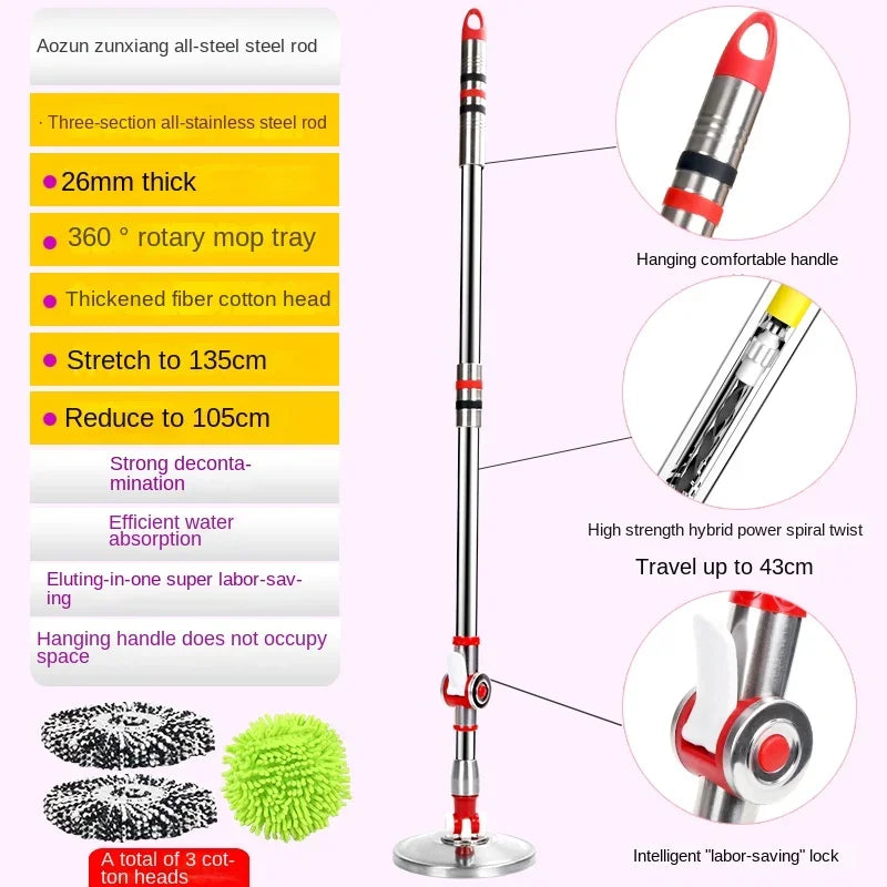 Stainless durable Rotary Mop 360 Degree Automatic Mop Home Cleaning Tools auto-drying with replacement mop  without barrel