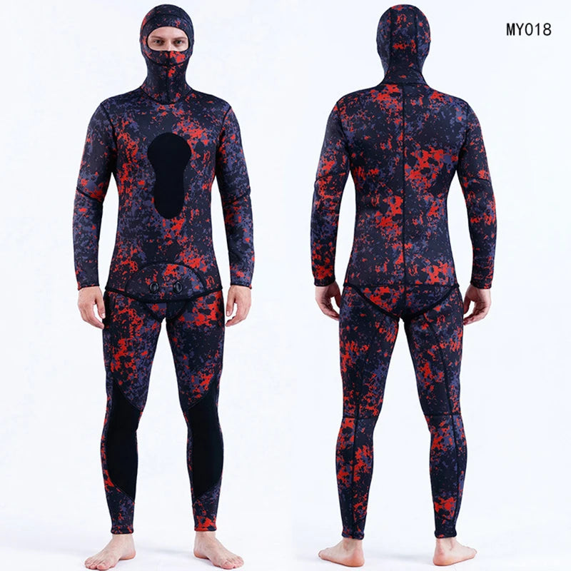 2 Pieces Set Wetsuit 3mm Neoprene Wetsuit Men's Hooded Camouflage Diving Suit Snorkeling Spearfishing Winter Thermal Swimsuit