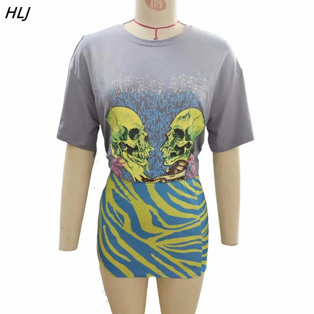 HLJ Fashion Y2K Streetwear Women Pattern Print Round Neck Short Sleeve Tshirt And Mini Skirts Two Piece Sets Summer 2pcs Outfits