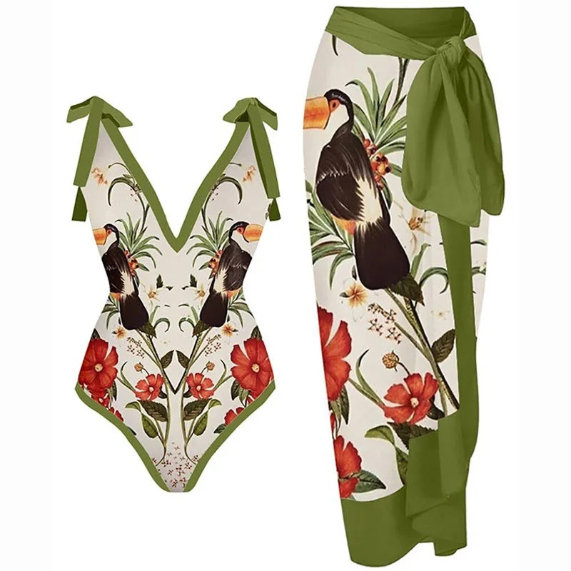 2-Piece Women Bikini Set Swimwear Push Up Floral Printed Ruffle Beachwear