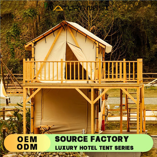 Double Story Safari Tent Structure With 2 Beds Room Glamping Tent Camping Luxury Prefab Hunting 2 Storey Loft Wooden House