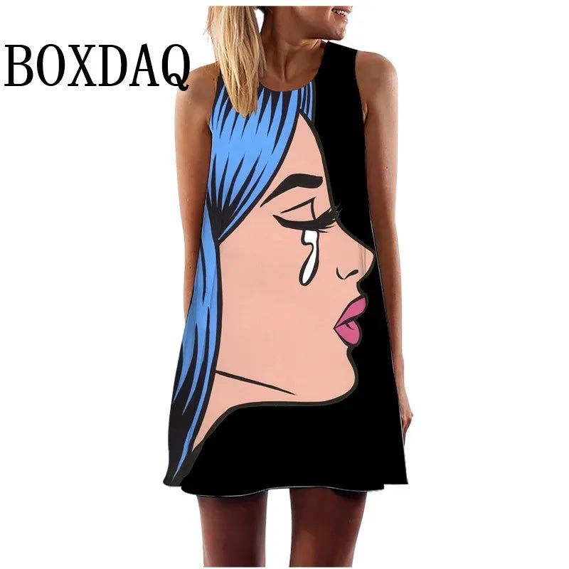 Dress Abstract Face Art Printed O-Neck Sleeveless Mini Dress Casual Loose Sweet A-Line Sundress