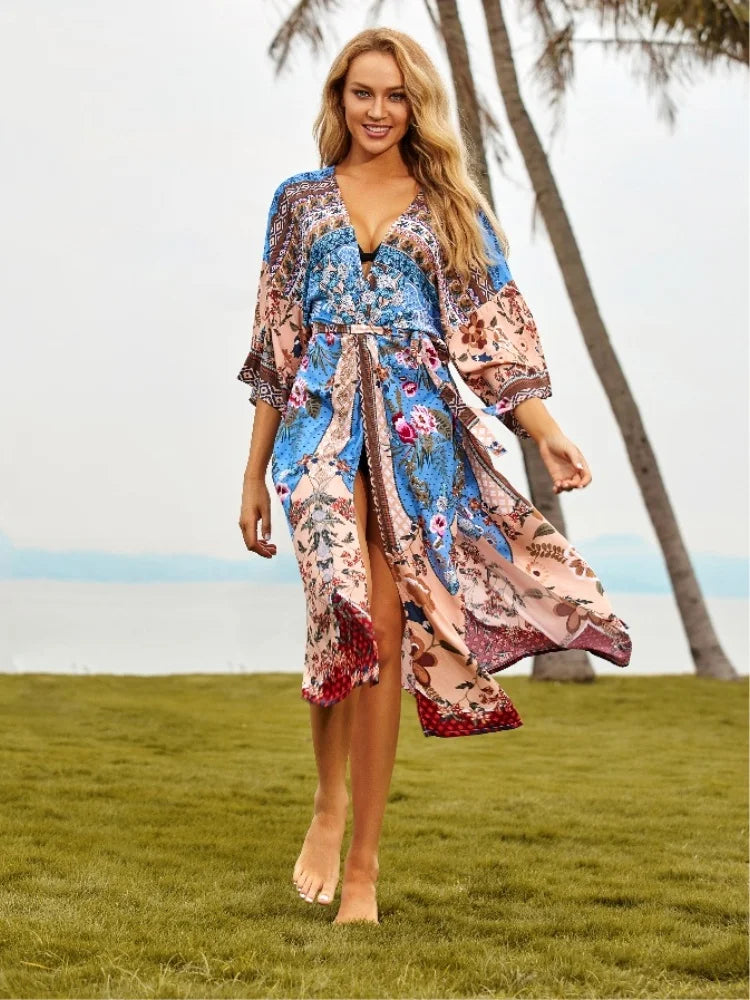 Bohemian Printed Summer Beach Wear Bikini Wrap Dress Tunic Summer Women Swimsuit Cover-ups