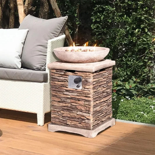 20" Outdoor Fire Pit Table, 40,000 BTU Concrete Gas Fire Pit W Lava Rocks, Rain Cover,Imitation Stone Design, Propane Fire Table