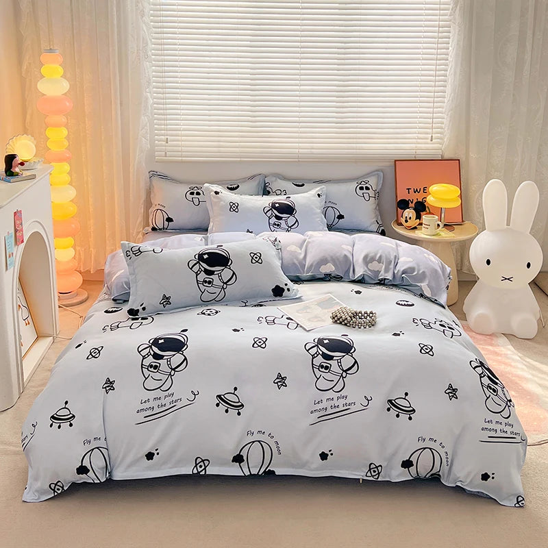 Solstice Home Textile Cyan Cute Cat Kitty Duvet Cover Pillow Case Bed Sheet Boy Kid Teen Girl Bedding Covers Set King Queen Twin