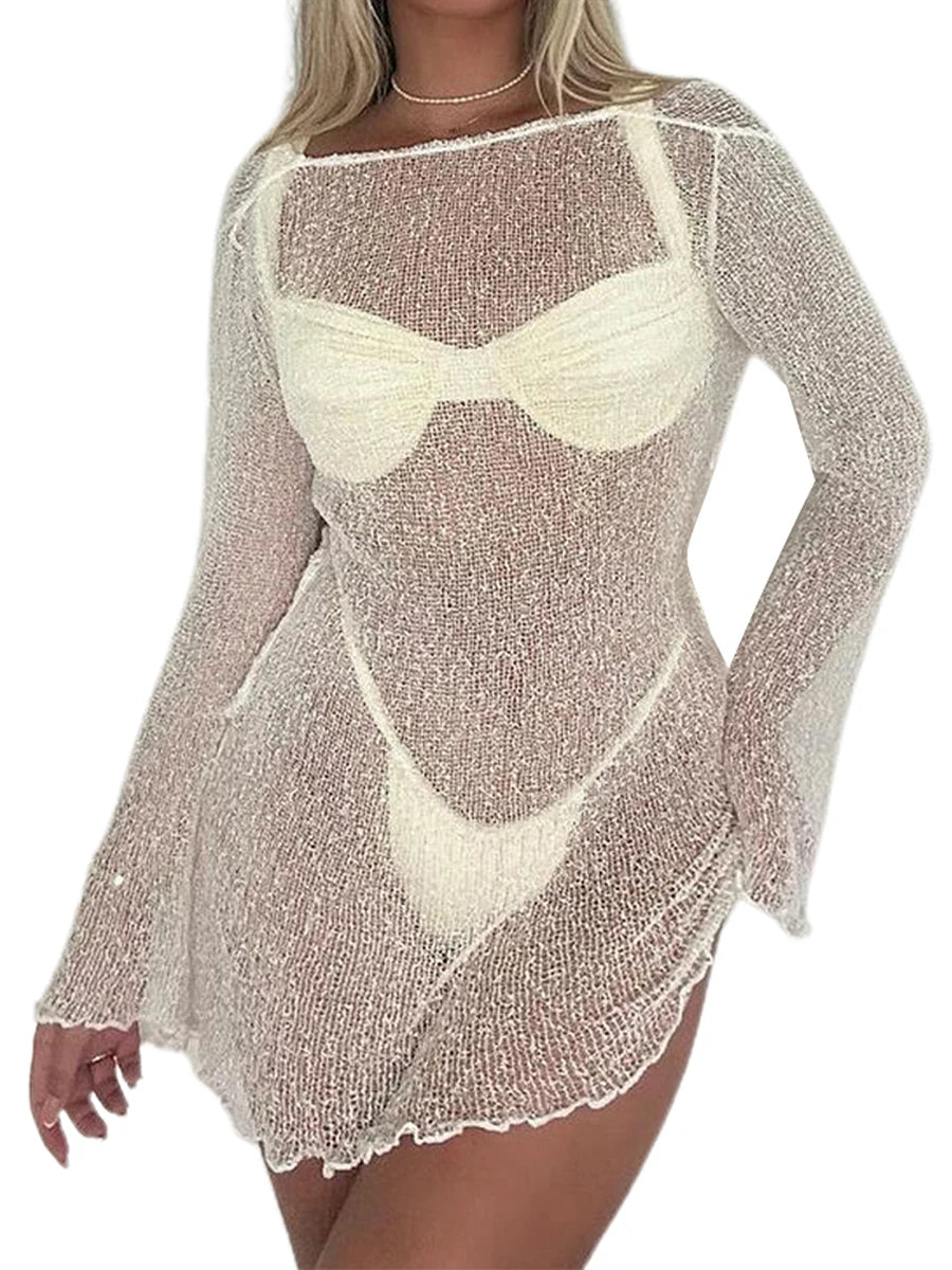 Swimwear Beach Clothes Cover-Ups for Women See-Through Long Sleeve Backless Beach Knitted Mini Wrap Dress Sunscreen Dresses