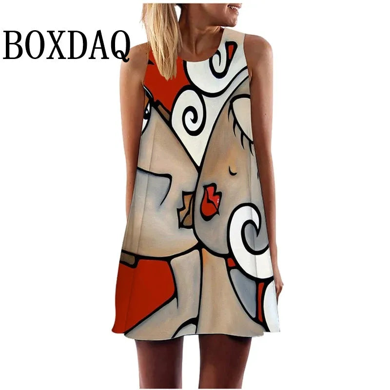 Dress Abstract Face Art Printed O-Neck Sleeveless Mini Dress Casual Loose Sweet A-Line Sundress