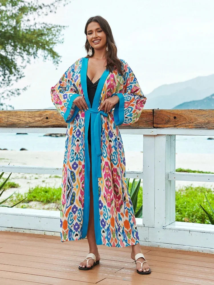 Bohemian Printed Summer Beach Wear Bikini Wrap Dress Tunic Summer Women Swimsuit Cover-ups