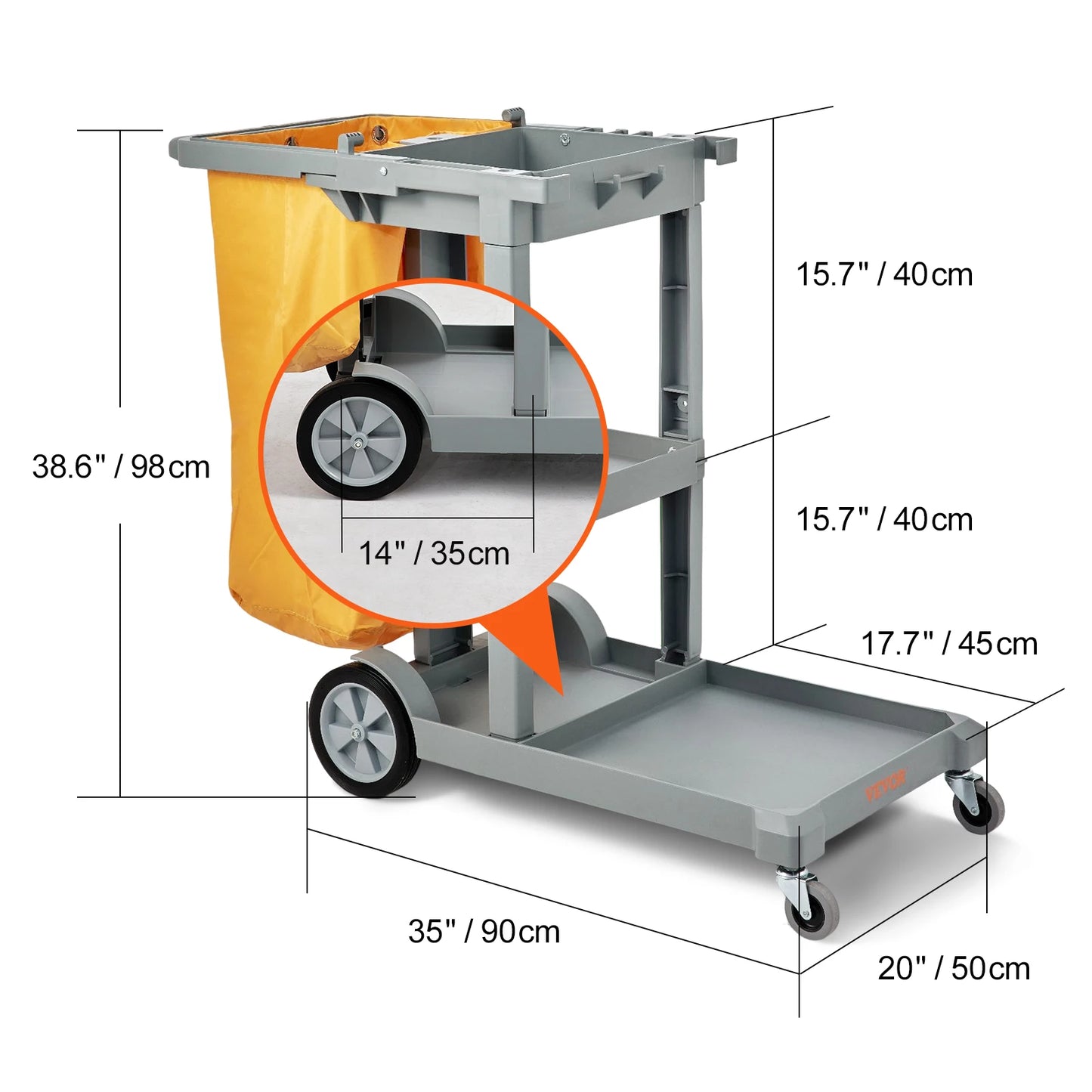 Black/Grey Cleaning Cart 3-Shelf Commercial Janitorial Cart 200 lbs Capacity Plastic Housekeeping Cart with 25 Gallon Bag