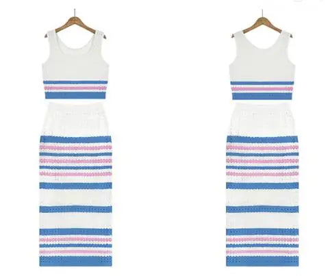 2 Pieces Set Women Sleeveless Knit Bikini Cover-up Crochet Swimsuit Crop Top Striped Skirt Swimwear High Waist Skirt Beach Dress