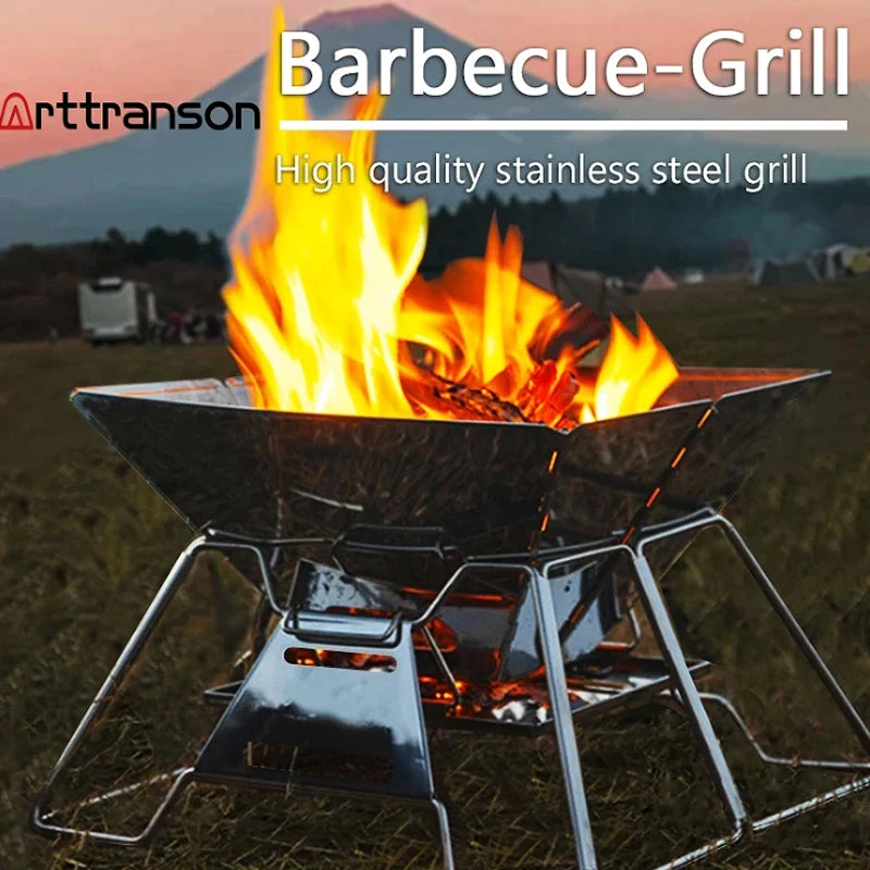 Folding Grill Fire Pit Outdoor Table Camping Stove Stainless Steel Foldable Barbecue With A Charcoal Rack Grill