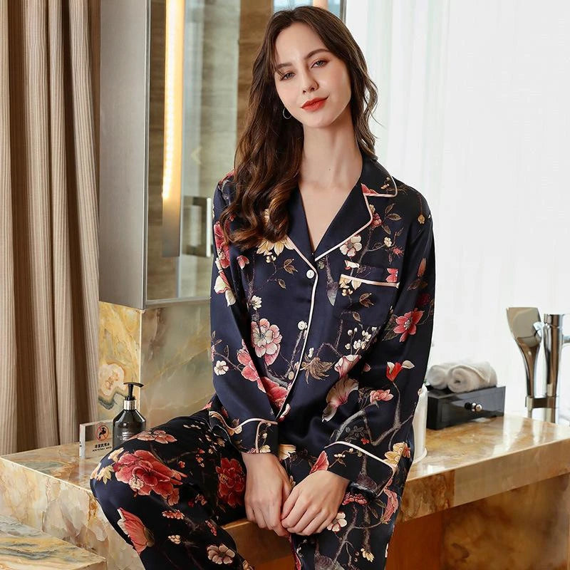 100% Mulberry pure Silk Pajama Set High End floral Ladies Silk Women's pajamas lingeries for woman Home suit sleep clothes sets