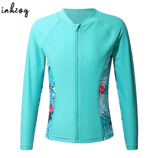 Girls Long Sleeve Zipper Rashguard Shirt UV Protection Beachwear Coats UPF 50 Swimwear Sunsuit Kids Swim Tops Swimming Costume